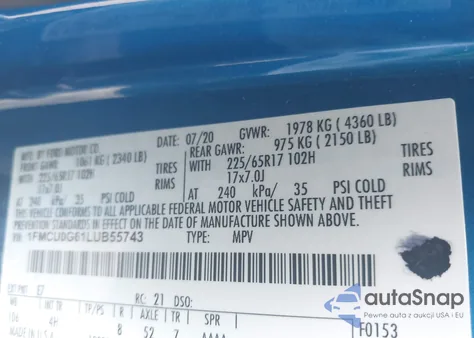 2020 Ford Escape Se z USA, uszkodzony, nr VIN 1FMCU0G61LUB55743